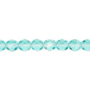 Bead, Czech fire-polished glass, transparent light aqua, 6mm faceted round. Sold per 15-1/2" to 16" strand, approximately 65 beads.