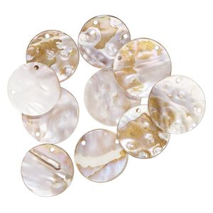 Focal, mother-of-pearl shell (natural / bleached / coated) 1pkg10, 48-53mm round with 2 holes.