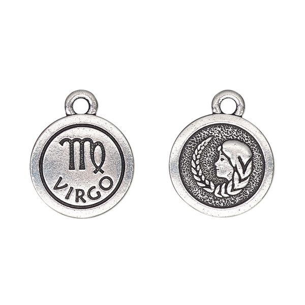 Charm, TierraCast&reg;, antique silver-plated pewter (tin-based alloy), 15mm two-sided flat round with Virgo zodiac sign and symbol. Sold per pkg of 2. image number 0