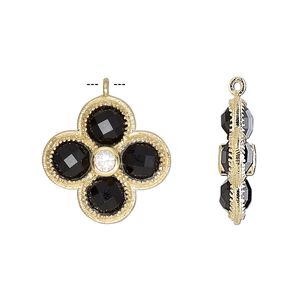 Drop, black onyx (dyed) / cubic zirconia / gold-finished sterling silver, clear, 19mm double-sided faceted flower. Sold individually.