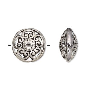Bead 1pkg6 silver-finished "pewter", 16.5mm filigree puffed flat round / 2sided, antique
