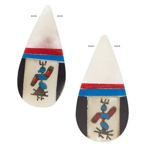 Mother-of-pearl shell / resin 1pkg2, top-drilled 1sided teardrop bead multicolored 38x18mm-39x19mm