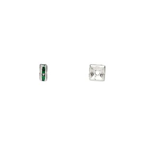 Bead 1pkg10 silver-plated, 4x2mm squaredelle, brass / emerald green rhinestone