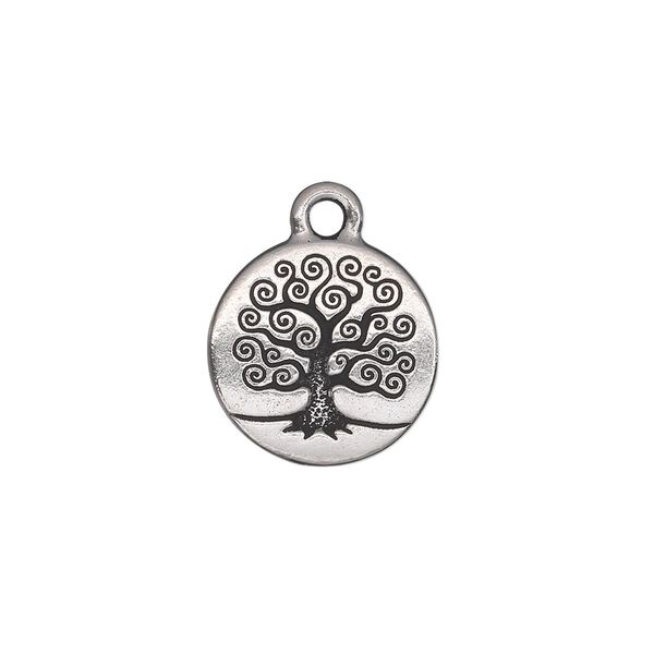 Drop, TierraCast&reg;, antique silver-plated pewter (tin-based alloy), 15.5mm double-sided flat round with tree of life. Sold per pkg of 20. image number 0