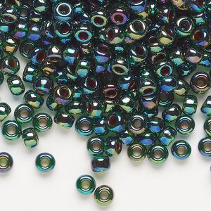 Seed bead, Miyuki, glass, pkg/250g, #6 rocaille, translucent cobalt-lined rainbow green (RR-344).