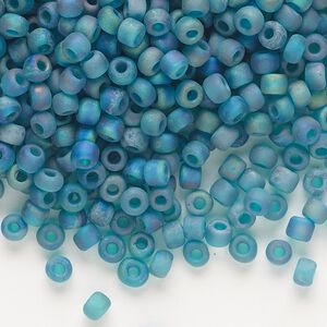 Seed bead, Dyna-Mites&trade;, glass, transparent frosted rainbow emerald green, #6 round. Sold per 40-gram pkg.