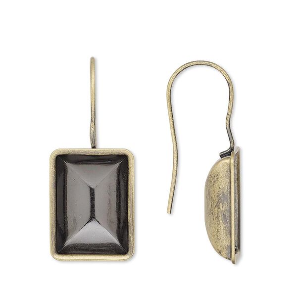 Ear wire fishhook 1pkg4 Almost Instant Jewelry&reg; antique gold-plated, 30x13mm / 14x10mm rectangle glue-in setting, 20 gauge brass 2 pair image number 0