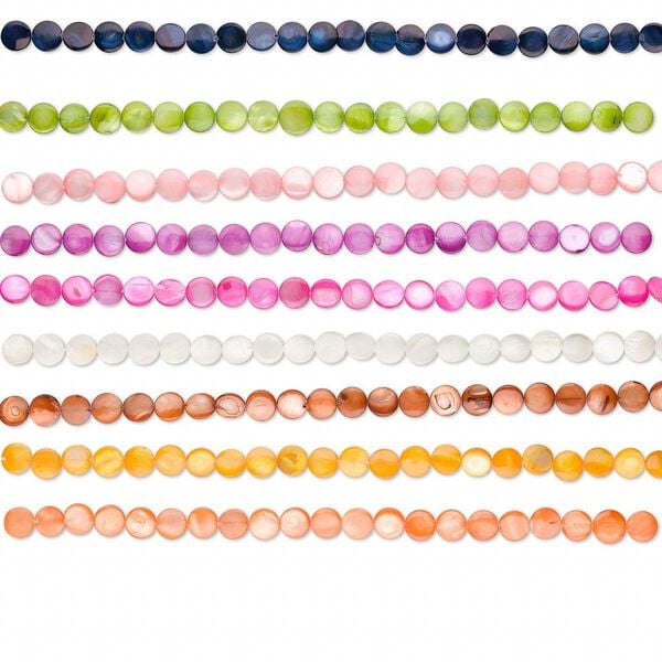 Mother-of-pearl shell 1pkg10, flat round bead 15.5 to 16 inch assorted colors 10mm image number 0