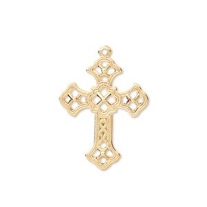 Drop, gold-plated brass, 24x18mm filigree cross. Sold per pkg of 50.
