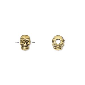Bead 1pkg50 gold-finished "pewter", 8x5mm skull / 2sided, antique