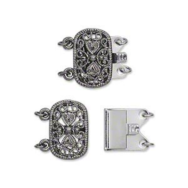 Clasp tab 1pkg2 gunmetal-plated, 14x9mm filigree oval, brass 2-strand image number 0