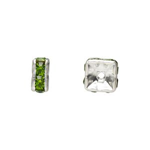 Bead 1pkg10 silver-plated, 8x4mm squaredelle, brass / peridot green rhinestone