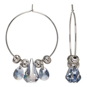 Earring, Everyday Jewelry&trade;, Crystal Passions&reg; and silver-plated "pewter", denim blue, 42mm hoop with teardrops and rounds. Sold per pair.