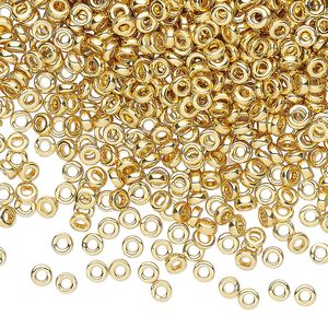Seed bead, Miyuki, glass, pkg/250g, 3x1.3mm spacer rondelle, opaque 14Kt gold-plated, (SPR3-191).