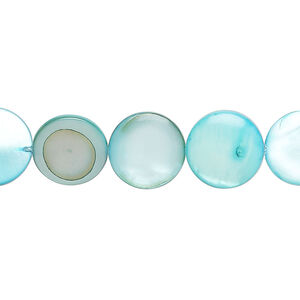 Mother-of-pearl shell 1pkg1, puffed flat round bead 15 inch light teal blue 11-12mm