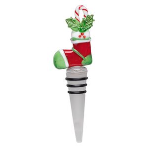 Wine bottle stopper, lampworked glass, frosted clear/red/green, 5x1-1/2 inch with stocking topper and three rubber rings. Sold individually.