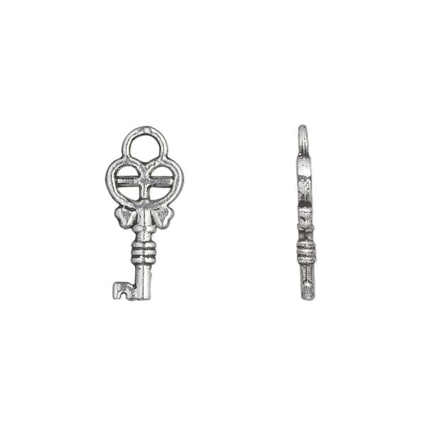 Charm, antique silver-plated "pewter" (zinc-based alloy), 15x9mm double-sided key. Sold per pkg of 50. image number 0