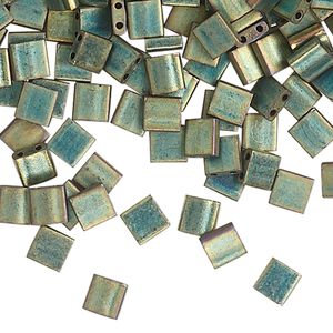 Bead, Miyuki, TILA&reg;, glass, opaque matte metallic iris green patina, (TL2008), 5mm square with (2) 0.8mm holes, fits up to 3mm beads. Sold per 250-gram pkg.