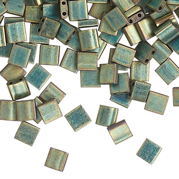 Bead, Miyuki, TILA&reg;, glass, opaque matte metallic iris green patina, (TL2008), 5mm square with (2) 0.8mm holes, fits up to 3mm beads. Sold per 250-gram pkg. image number 0