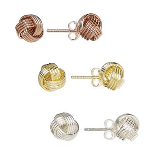 Earstud, sterling silver / gold- / rose gold-finished sterling silver, 8.5mm knot with post. Sold per pkg of 3 pairs.