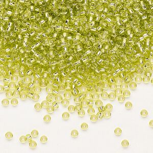 Seed bead, Miyuki, glass, pkg/250g, #11 rocaille, transparent silver-lined chartreuse (RR-14).