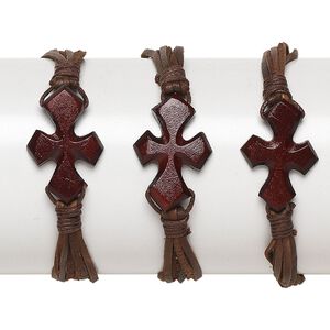 Bracelet, bone / leather (dyed) / waxed cotton cord, brown, 30x21mm cross, 7 inches with button closure. Sold per pkg of 3.