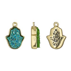 Drop, Druzylite&trade;, "druzy" (resin) and gold-finished brass, green, 14x12.5mm two-sided Hamsa hand with open filigree back. Sold per pkg of 4.