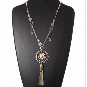 Necklace, mother-of-pearl shell (natural) / enamel / glass rhinestone / brass / antique brass-plated steel / antique silver-plated brass and "pewter" (zinc-based alloy) 1pkg1, gold / brown / white, 5-inch dangle with circle and flower, 28 inches with lobster claw clasp.