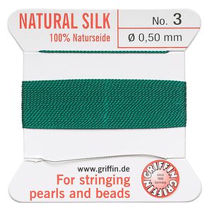 Thread, Griffin, silk, green, size #3. Sold per 2-meter card (approximately 78 inches).