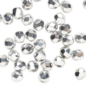 Bead 1pkg60, Czech fire-polished glass, opaque metallic silver, 6mm faceted round.