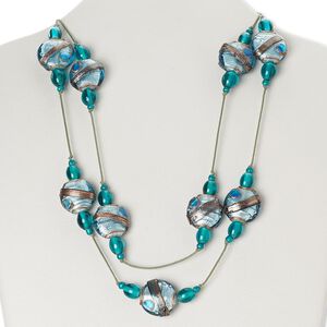 Necklace, glass / lampworked glass / waxed cotton cord, green and teal with silver-colored foil and copper-colored glitter, 42-inch continuous loop. Sold individually.