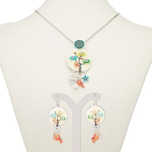 Necklace and earring set, enamel / glass / silver-plated brass / steel / "pewter" (zinc-based alloy), multicolored, 2-3/4 inch dangle with round and tree with bird design, 18-inch necklace with 2-inch extender chain and lobster claw clasp, 46mm earrings with leverback ear wire. Sold per set.
