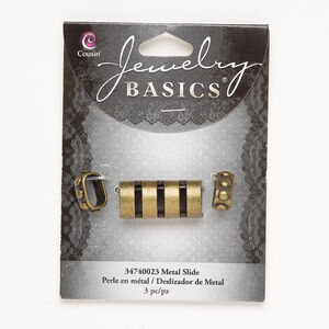 Bead assortment, slider 1pkg3, antique brass-finished "pewter" (zinc alloy), 15x6mm dotted oval rondelle and 28x13mm slotted curved oval tube.