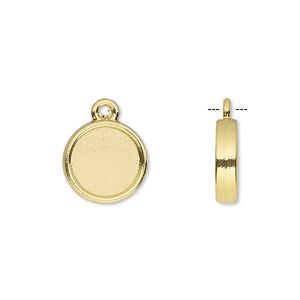 Drop, gold-finished brass, 12mm double-sided round with 10mm round setting. Sold per pkg of 10.