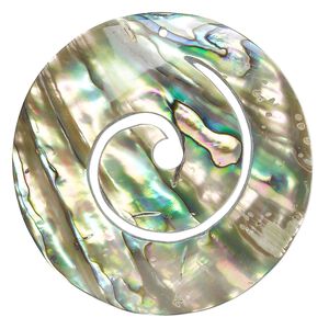 Focal, paua shell (natural), 50mm hand-cut top-drilled swirl round, Mohs hardness 3-1/2. Sold individually.