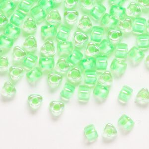 Seed bead, Miyuki, glass, transparent clear color-lined light green, (TR1120), #5 triangle. Sold per 250-gram pkg.