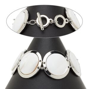 Bracelet, freshwater pearl shell (bleached) / silver-coated plastic / silver-plated steel / "pewter" (zinc-based alloy), white, 28mm flat round, 7 inches with toggle clasp. Sold individually.