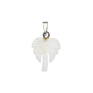 Pendant, mother-of-pearl shell (bleached) / antique silver-finished "pewter" (zinc-based alloy) / steel 1pkg1, 15x13mm-17x15mm single-sided carved palm tree.