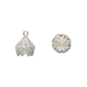 Cord end 1pkg1 silver-finished, 10x10mm blossom / 6mm inside diameter, brass / glass rhinestone clear