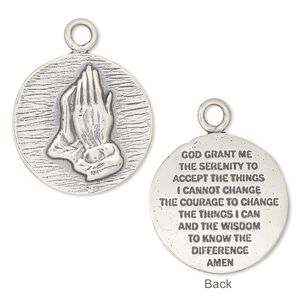 Drop, antiqued sterling silver, 22mm two-sided round with praying hands and serenity prayer. Sold Individually.