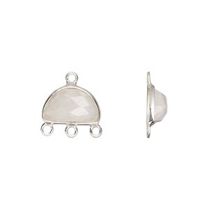 Drop, sterling silver and rainbow moonstone (natural), 13x9mm hand-cut single-sided faceted half moon with 3 closed loops, Mohs hardness 6 to 6-1/2. Sold individually.