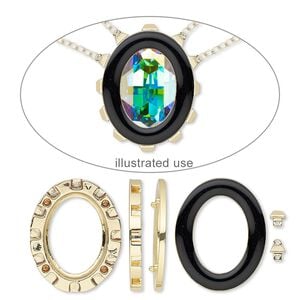 Mount 1pkg1, Miracle Mount&trade;, enamel and gold-finished "pewter" (zinc-based alloy), black, 39x32mm oval with 30x22mm oval setting. 18-piece set.