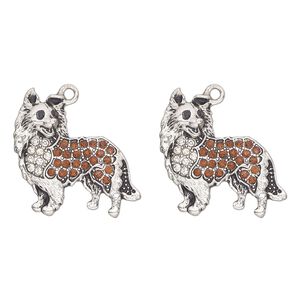 Charm, antique silver-finished "pewter" (zinc-based alloy) and glass, topaz and black, 26x25mm single-sided collie. Sold per pkg of 2.