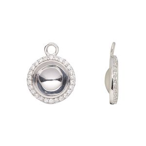 Drop, Almost Instant Jewelry&reg;, rhodium-plated sterling silver and cubic zirconia, clear, 15mm round with SS47 rivoli glue-in setting. Sold individually.