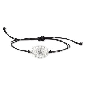 Bracelet, waxed cotton cord and antiqued sterling silver, black, 20mm round with mother and children cutout, adjustable from 6 to 8-1/2 inches with macram&eacute; knot closure. Sold individually.