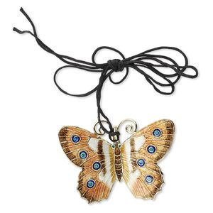 Focal, cloisonn&eacute; and copper, brown / blue / white, 46x35mm butterfly on adjustable black cord. Sold individually.