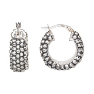 Earring, antiqued sterling silver, electroformed, 22mm beaded round hoop with latch-back closure. Sold per pair.