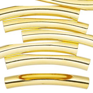 Bead 1pkg10 gold-finished, 40x6mm curved tube / cutout long oval, brass