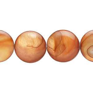 Mother-of-pearl shell 1pkg1, puffed flat round bead 15 inch burnt orange 14-15mm