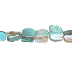 Mother-of-pearl shell 1pkg1, triangle tube bead 15 inch teal / tan 6x5mm-15x9mm